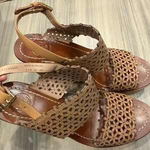 Tory Burch size 6.5 Woven Floral Leather Sandals - Tan platform heels